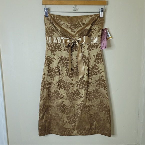 My Michelle Vintage 90s Strapless Dress Gold Brocade Satin Bow Size 3/4 NWT - Picture 2 of 10